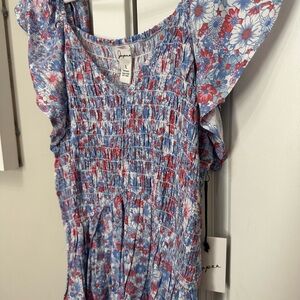 Floral Smocked Women's Top - Blue and Red